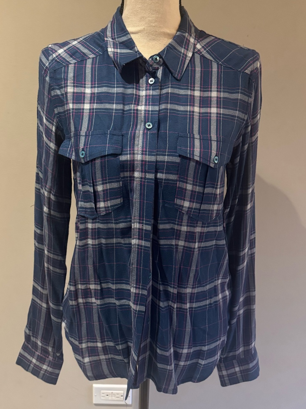 PAIGE Navy and White Plaid Button-Down Shirt